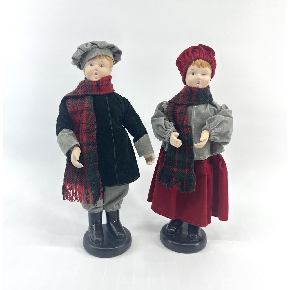 Vtg Victorian Porcelain Christmas Caroler Holiday Boy & Girl Set of 2 Dolls 12"